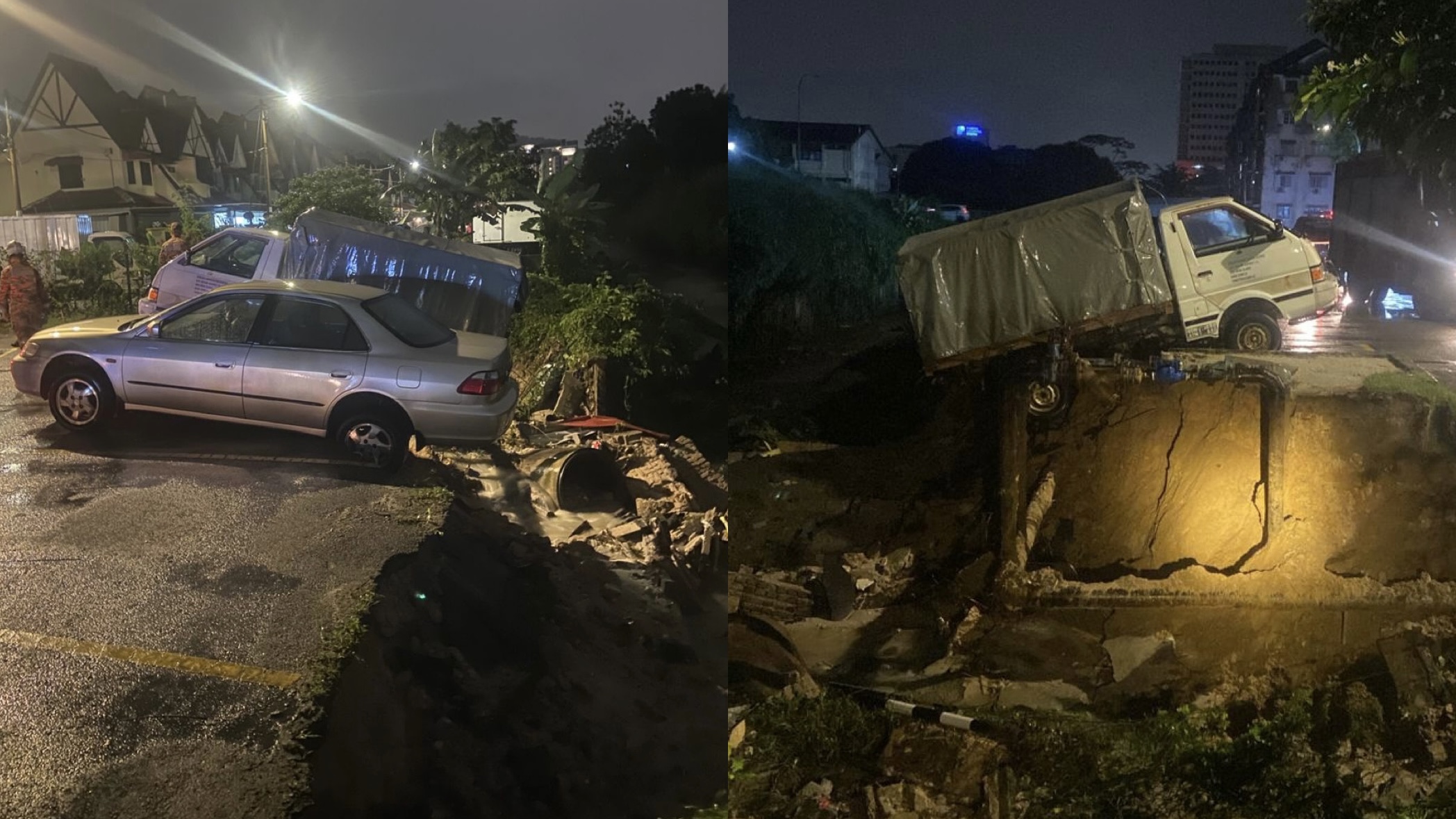 Dua kenderaan nyaris terjunam selepas tebing parit runtuh