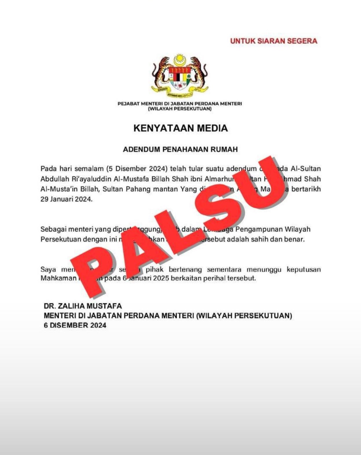 Titah adendum penahan rumah Najib palsu
