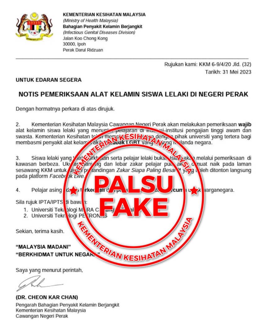 KKM nafi keluar notis pemeriksaan alat kelamin siswa lelaki IPT di Perak