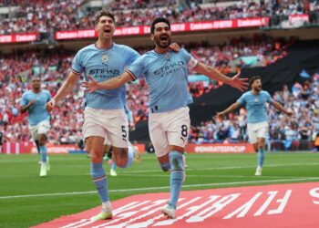 Pemain tengah Manchester City, Ilkay Gundogan meledak dua gol untuk menewaskan Manchester United 2-1 dalam perlawanan akhir Piala FA 2023 yang berlangsung di Stadium Wembley sebentar tadi. (AFP)