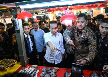 PRESIDEN Joko Widodo dan Perdana Menteri Malaysia, Datuk Seri Anwar Ibrahim mengunjungi pasar Chow Kit di Kuala Lumpur pada 8 Jun lalu. - AFP