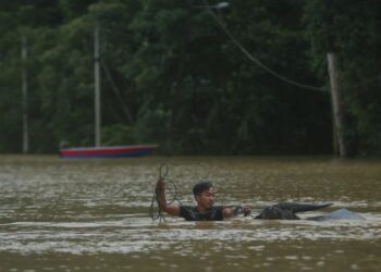 SEORANG penduduk membawa kerbaunya meredah banjir di Kampung Minda di Dungun, semalam. - PUQTRA HAIRRY ROSLI