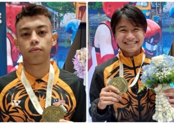 ATLET Muaythai negara Mohd. Rifdean Masdor (kiri) dan Nur Amisha Azrilrizal.