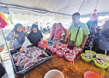 SEBAHAGIAN daripada pelanggan memilih sotong yang dijual di kedai Sauffian Sauji di Durian Burung, Kuala Terengganu. - UTUSAN/KAMALIZA KAMARUDDIN