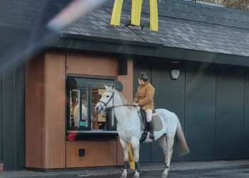 RAKAMAN gambar menunjukkan wanita menunggang kuda semasa membuat pesanan di kaunter pandu lalu McDonald's.-MEDIA SOSIAL