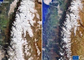 IMEJ satelit menunjukkan perbandingan salji terkumpul di jajaran pergunungan Andes di Amerika Latin. –
AGENSI