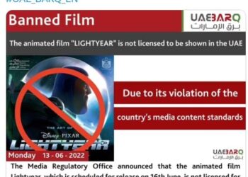 PEJABAT pengawal selia UAE memuat naik gambar memaparkan tayangan Lightyear dibatalkan di pawagam negara itu. - TWITTER