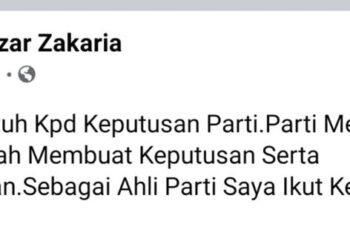 HANTARAN dalam Facebook Mohd. Nizar Zakaria hari ini yang akur keputusan UMNO yang menarik sokongan terhadap kerajaan PN dan Perdana Menteri. - UTUSAN