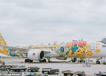 BAHAGIAN luar pesawat itu dihiasi dengan watak-watak berbeza dari Pokemon. - FACEBOOK CHANGI AIRPORT 