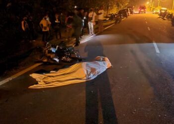 SEORANG penunggang motosikal maut selepas melanggar seekor kerbau melintas di Kilometer 5, Jalan Chengkau Ulu, Rembau, malam semalam. - GAMBAR/IHSAN POLIS