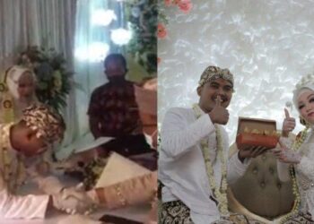 PENGANTIN lelaki memberikan bakso goreng sebagai mas kahwin kepada pengantin perempuan. -INSTAGRAM