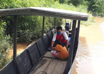 NASIR memperuntukkan masa selama beberapa minit untuk memberi penerangan kepada murid di dalam sampan di Kampung Tulang-Tulang Kinabatangan.