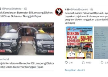 TANGKAP layar muat naik di akaun Twitter mengenai data cukai kereta Gabenor Lampung dan Timbalannya yang belum dilunaskan.-AGENSI