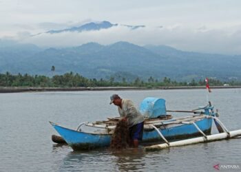 SEORANG nelayan membawa benih rumpai laut dalam botnya di perairan di kampung Bonto Jai, Bantaeng, Sulawesi Selatan. - ANTARA