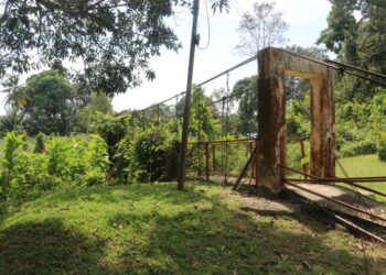 JAMBATAN gantung Kampung Mambang Berulang, Mentakab di Temerloh, Pahang yang rosak teruk akibat banjir pada Disember 2021 kini terbiar dan ditumbuhi pokok menyukarkan penduduk menjalankan aktiviti harian. – UTUSAN/SALEHUDIN MAT RASAD