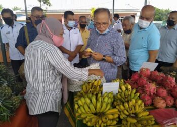 WAN ROSDY Wan Ismail (tengah) melawat gerai hasil pertanian sempena lawatan Program Jualan Keluarga Malaysia (PJKM) di Laman Sejahtera, Felda Sungai Koyan Satu di Lipis, Pahang. - FOTO/HARIS FADILAH AHMAD