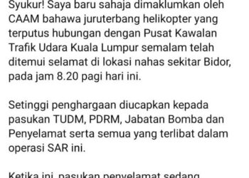 CATATAN Wee Ka Siong di laman sosial Facebooknya berkaitan penemuan helikopter Eurocopter EC120B yang dilaporkan hilang daripada radar semalam. - UTUSAN