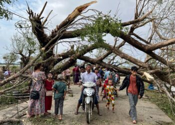 PENDUDUK melalui jalan dipenuhi pokok yang tumbang di Kyauktaw, wilayah Rakhine selepas Taufan Mocha melanda kawasan darat. - AFP