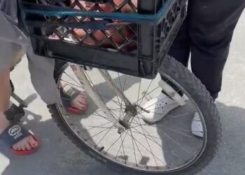TANGKAP layar video menunjukkan pasangan bayi kembar diletakkan dalam bakul plastik yang diikat pada basikal ibunya.-AGENSI
