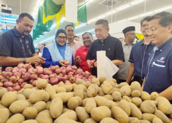 SALAHUDDIN Ayub (kanan) memantau harga barangan selepas Majlis Pelancaran Inisiatif Payung Rahmah sempena majlis perasmian sebuah pasar raya cawangan baharu di Sungai Lalang, Bedong di Sungai Petani. -UTUSAN/NUR SYAZWANA MANSOR