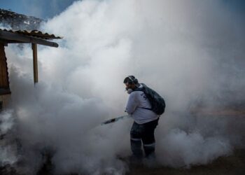 PETUGAS kesihatan melaksanakan semburan asap mengandungi sebatian kimia yang boleh membunuh nyamuk Aedes di pinggir bandar Lima, Peru. -AFP