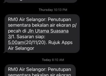 Tangkap layar  SMS yang diterima oleh penduduk yang memaklumkan masalah gangguan bekalan air. – IHSAN PEMBACA