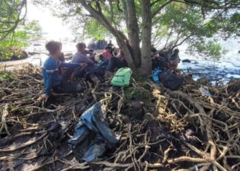 SEKUMPULAN individu yang berkumpul di kawasan hutan bakau di Dumai ditahan selepas cuba berlepas menaiki bot ke Malaysia secara haram. - AGENSI