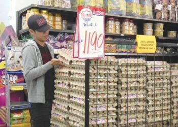 SEORANG pengguna mendapatkan telur yang dihadkan pembeliannya di sebuah pasar raya di Kuantan, Pahang. - UTUSAN/ DIANA SURYA ABD WAHAB