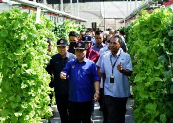 RONALD Kiandee (kiri) melawat Pusat Rujukan Pemasaran Hasil Pertanian Berteknologi di Manong hari ini. - UTUSAN/ ZULFACHRI ZULKIFLI