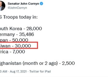 TANGKAP layar ciapan Senator John Cornyn yang mendakwa 30,000 tentera Amerika Syarikat (AS) ditempatkan di Taiwan. - AGENSI