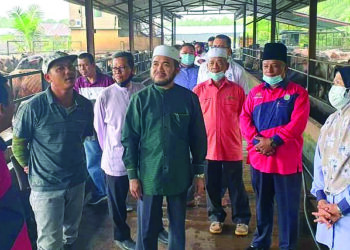 MOHD. SHAKRAN (kiri) memberi taklimat kepada Pengerusi Lembaga Pertubuhan Peladang (LPP), Datuk Dr. Nik Muhammad Zawawi Salleh (depan tiga dari kiri) di pusat penternakan lembu milik peserta PPK Kuala Langat, Teluk Panglima Garang, Banting, Selangor baru-baru ini.