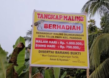 PAPAN iklan dipasang di Desa Teluk Pauh di Riau yang menawarkan ganjaran wang tunai kepada penduduk jika berjaya menangkap pencuri di kampung tersebut. - AGENSI