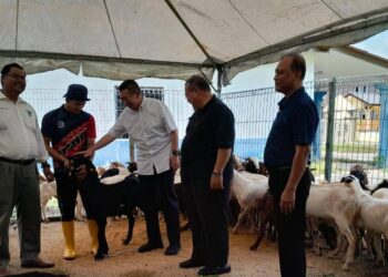 SALAHUDDIN AYUB (tengah) menyerahkan haiwan korban dan akikah Rahmah di Pasaraya Econsave Bakri, Muar.