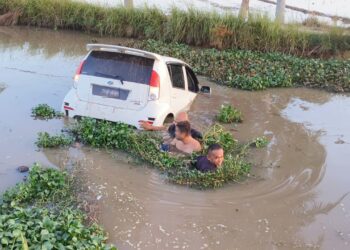 ANGGOTA polis terpaksa terjun ke tali air bagi membawa keluar suspek setelah kereta dipandunya terbabas di Kampung Alor Besar, Pendang.