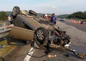 KEADAAN kereta dipandu Mohd. Ridzuan Mohd. Yaacob yang terlibat dalam kemalangan di Kilometer 267.1, LPT2 selepas Hentian Rawat dan Rehat Perasing, Kemaman, semalam.