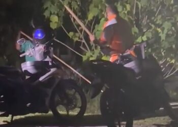 TANGKAP layar video yang tular di media sosial yang memaparkan dua lelaki bertindak memukul anjing menggunakan batang kayu.