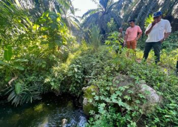 CHONGKUL Echang (kanan) meninjau keadaan air di hulu Sungai Kubang Tiga yang kehitaman dipercayai tercemar di Padang Besar, Perlis, semalam.-UTUSAN/ASYRAF MUHAMMAD