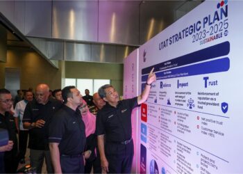 MOHAMAD Hasan diiringi Nazim Rahman, melihat galeri pencapaian LTAT dan Pelan Strategik LTAT yang dipamerkan pada Majlis Pelancaran Pelan Strategik Lembaga Tabung Angkatan Tentera (LTAT) 2023 - 2025 (MAMPAN25) di Mutiara Damansara, Kuala Lumpur, semalam.  
– UTUSAN/AMIR KHALID