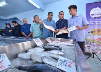 MUHAMMAD Faiz Fadzil (kanan) melihat ikan-ikan yang dijual di Pasar Nelayan Seremban 2 selepas merasmikan pembukaan premis berkenaan di Seremban hari ini.-UTUSAN/MOHD. SHAHJEHAN MAAMIN.