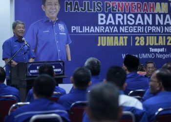 MOHAMAD Hasan sewaktu berucap pada Majlis Penyerahan Watikah Calon BN PRN Negeri Sembilan di Wisma UMNO Negeri Sembilan di Seremban hari ini.-UTUSAN/MOHD. SHAHJEHAN MAAMIN.
