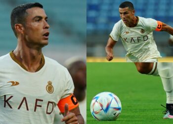 CRISTIANO Ronaldo dilihat memakai pelapik tulang keris Adidas dalam aksi persahabatan bersama 
Al-Nassr.