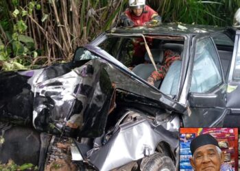 ANGGOTA bomba berusaha mengeluarkan Che Ishak Shaari (gambar kecil) yang tersepit dalam keretanya setelah terlibat kemalangan di kawasan cerun di Jalan Bukit Selambau-Kuala Ketil berdekatan Taman Chempaka, Bukit Selambau.