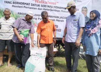 MOHAMAD Sabu (tengah) beramah mesra dengan  peserta Projek Kelompok Tanaman Jagung di Kampung Paloh Tanah Merah, Kelantan hari ini-UTUSAN/ROHANA ISMAIL.