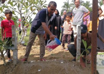 MOHD. Sazali Ismail bersama menyiram air mawar di pusara  Syaza Syazwina Zahra yang maut digilis kenderaan pacuan empat roda di  Tanah Perkuburan Kampung Ranggon, Kemaman, petang tadi. - UTUSAN/NIK NUR IZZATUL HAZWANI NIK ADNAN