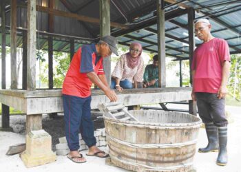 ROSLI Mahmud (kiri) dan Azizan menunjukkan tong padi yang digunakan untuk memproses padi pada zaman dahulu di jelapang padi berusia lebih 100 tahun di BBC Campsite, Bawah Bukit, Chuping, Perlis. – UTUSAN/IZLIZAN OTHMAN