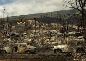 KEADAAN kereta dan rumah terbakar di kawasan kejiranan di Lahaina, barat Maui. - AFP