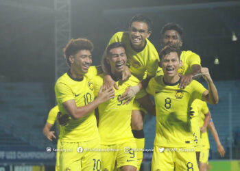 PEMAIN negara meraikan jaringan ketika menentang Timor Leste dalam Kejohanan AFF B-23 di Stadium Wilayah Rayong di Thailand sebentar tadi.