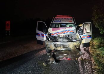 KEADAAN ambulans yang melanggar kerbau di Jalan Ipoh-Lumut berhampiran Pusing, Batu Gajah semalam. - UTUSAN
