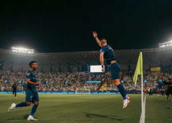 CRISTIANO Ronaldo meraikan jaringannya ketika membantu Al-Nassr menumpaskan Al-Shahab dalam saingan Liga Pro Saudi di Riyadh semalam. – IHSAN AL-NASSR