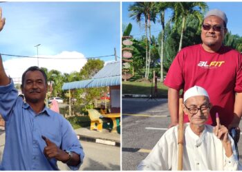 SHABUDIN menunjukkan jarinya yang telah dicelup dakwat setelah selesai mengundi di SK Naka dan gambar kanan memaparkan bapanya, Md. Nor Taib yang mengundi bersama adiknya di SK Bandar Baru Beris Jaya, Jeniang, Sik. -UTUSAN/NUR SYAZWANA MANSOR